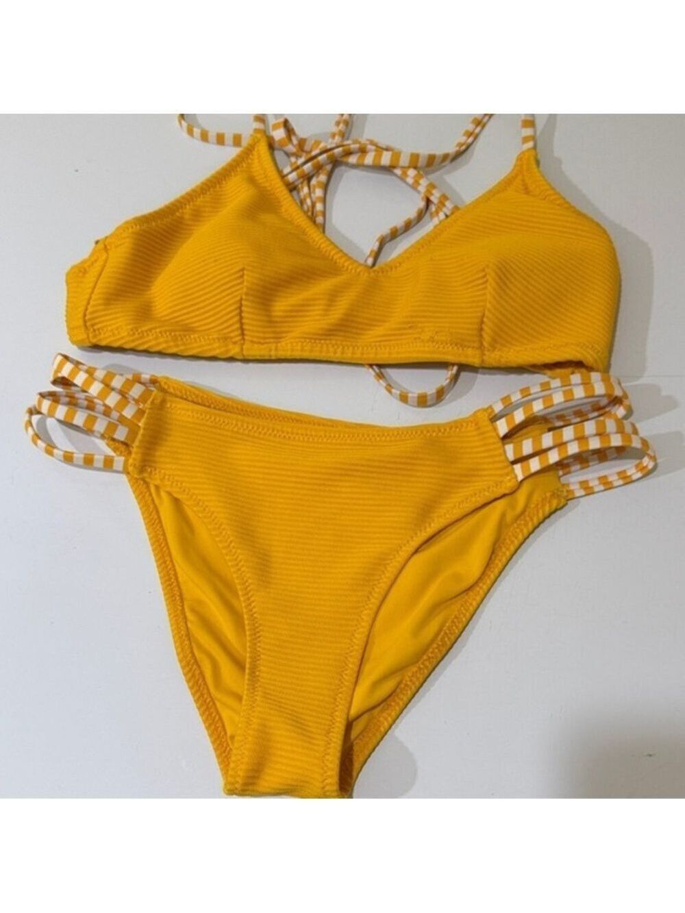 Vibrant Yellow Bikini set with Striped Straps
